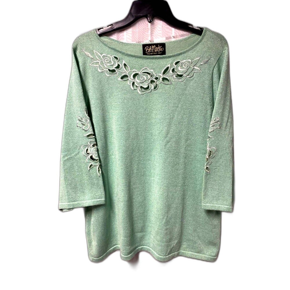 Bob Mackie Women's L Mint GreenKnit Scoop Neck 3/4 Sleeve Embroidered Sweater